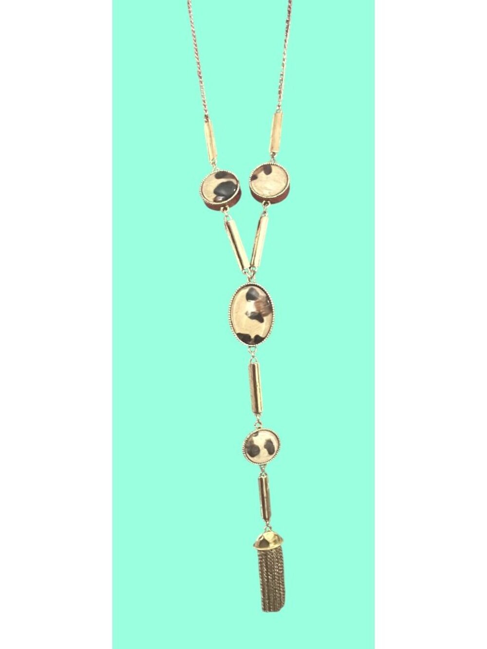 Vintage Chico's Gold-Toned Tassel Necklace With Faux Tortoise and animal print - Picture 6 of 12